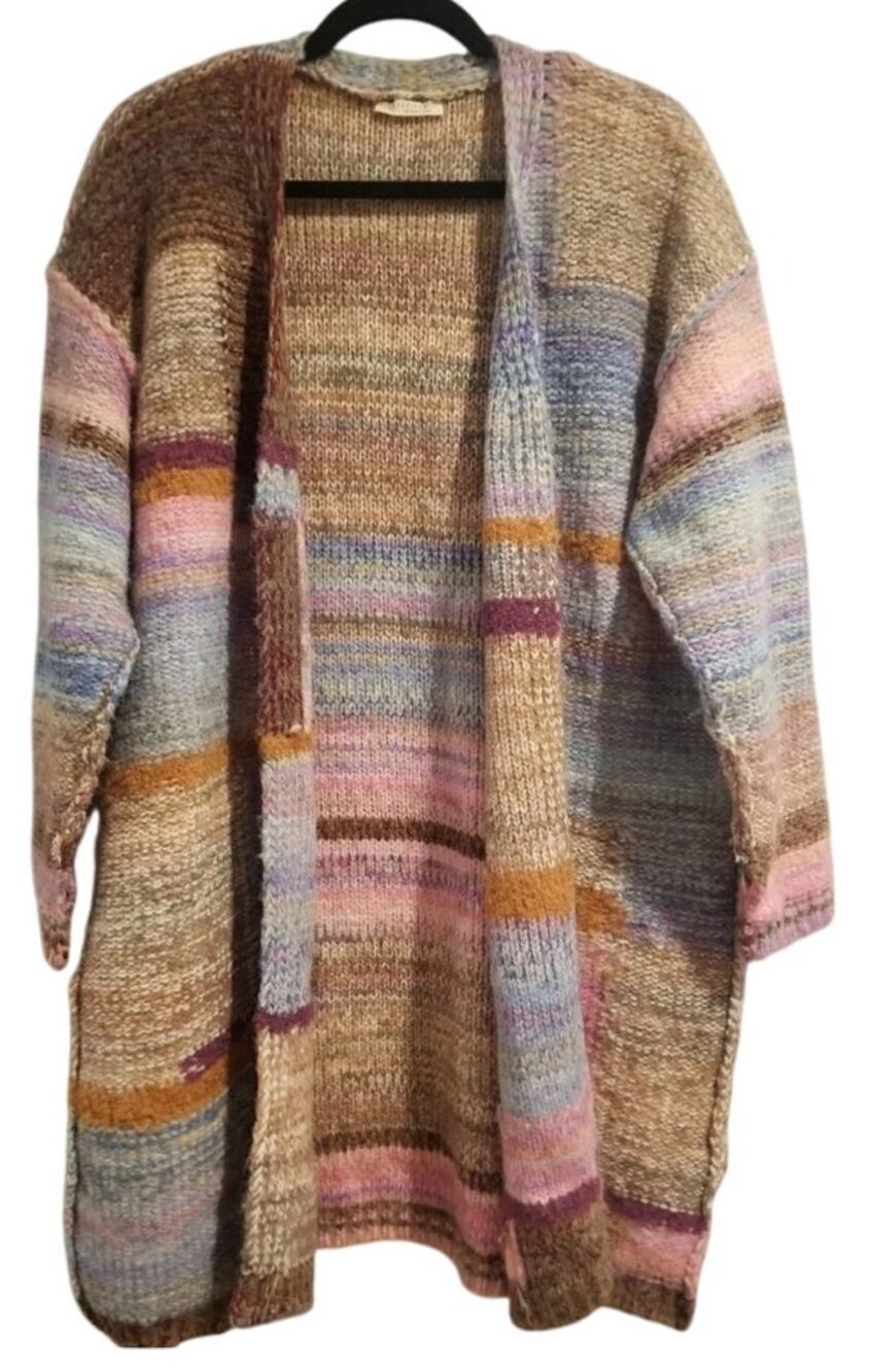 LoveStitch Boho Chunky Knit Oversized Multicolor Striped Cardigan, Size Large